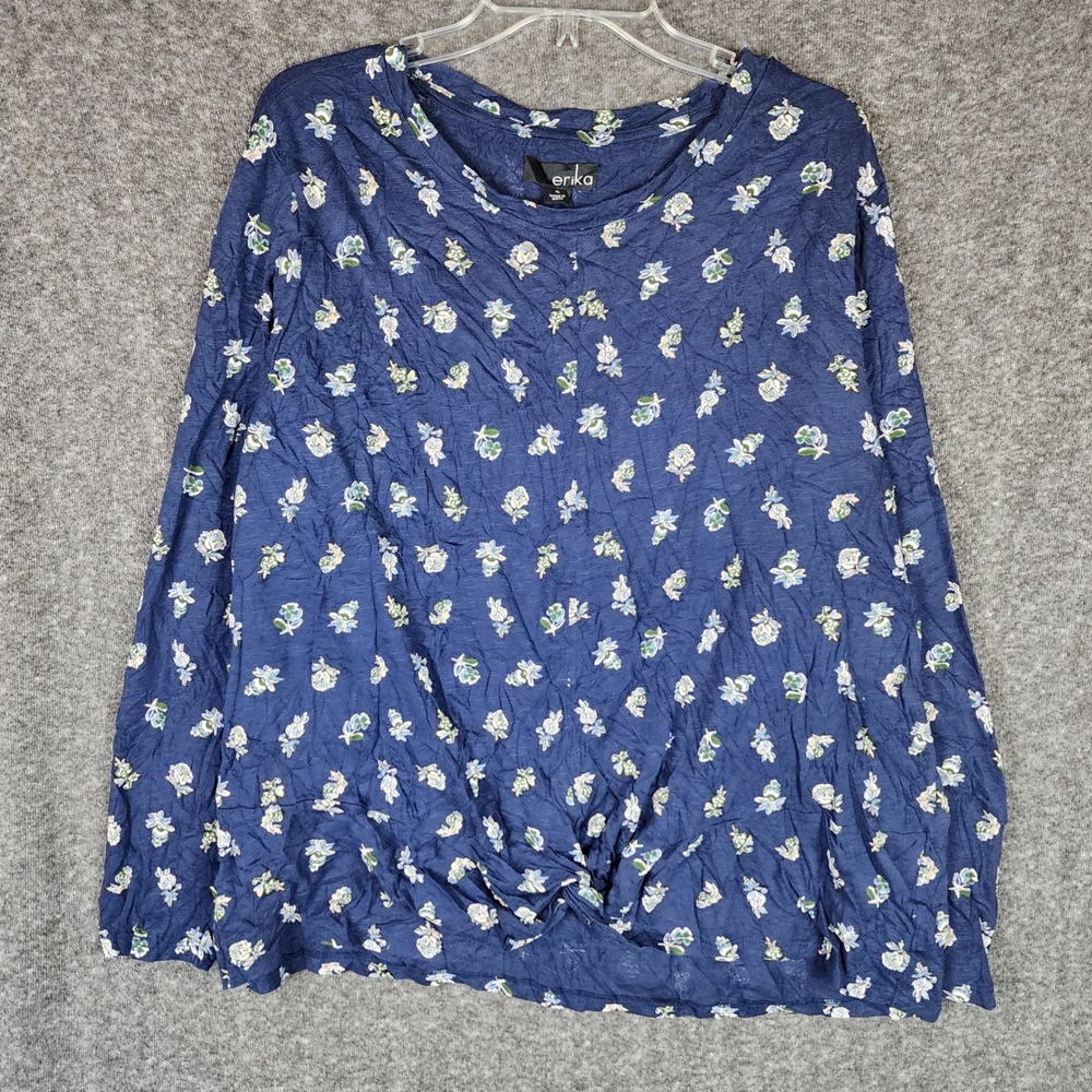 Erika Top Womens 1X Twist Front Navy Blue Floral Long Sleeve Cotton Blend EUC